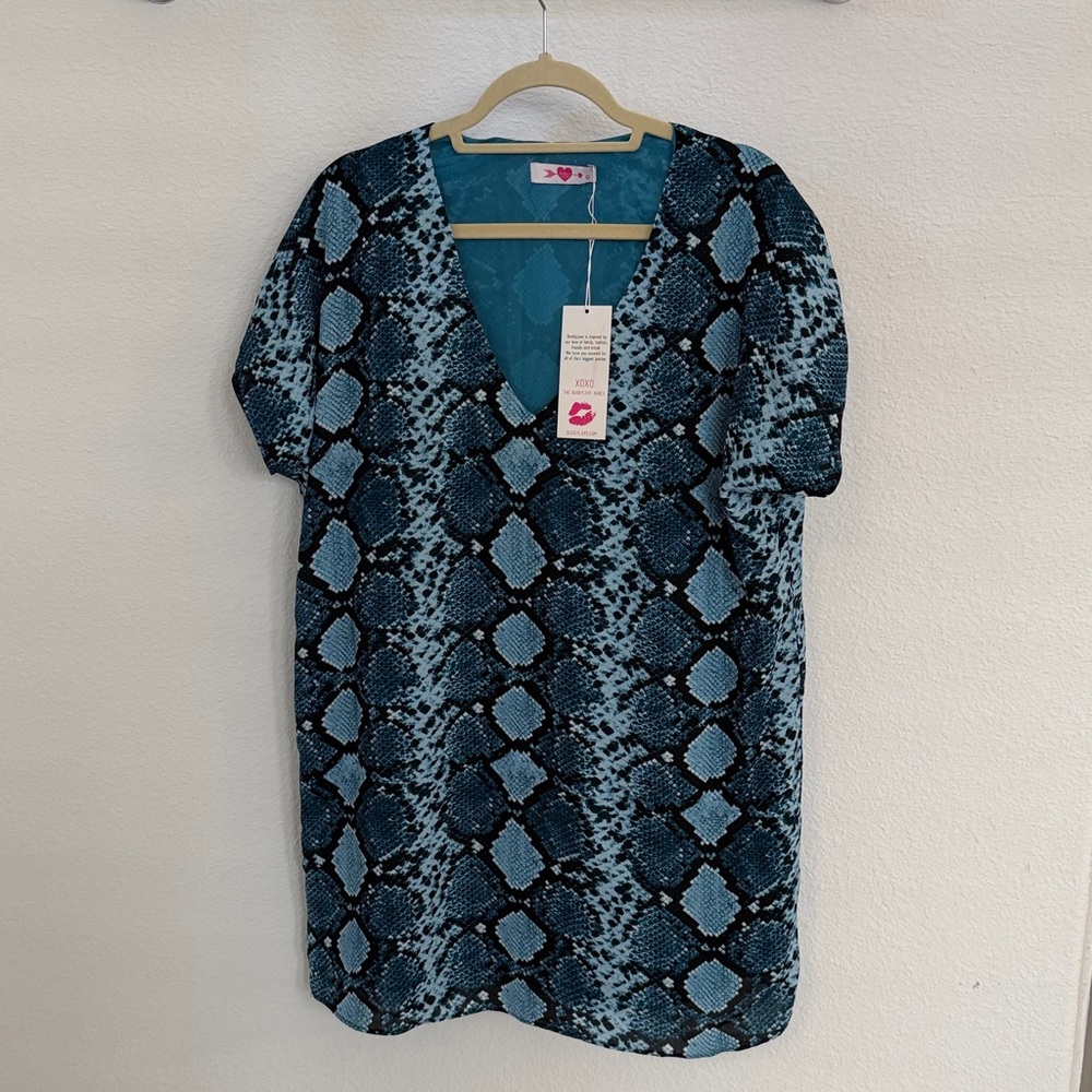 Buddy Love Teal and Black Snake Print V-Neck Dress
